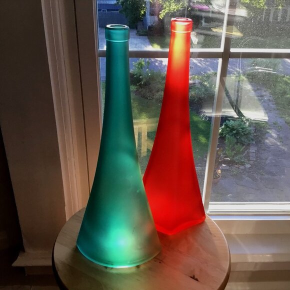 Pair VTG Asymmetrical Conical Frosted Glass Vases Red Teal Numbered Stamped 14" - Picture 1 of 10